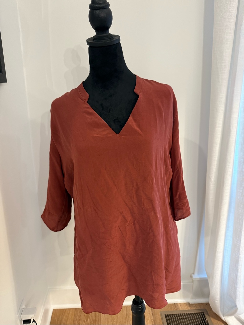 Blue Illusion Rust Orange V-Neck Tunic Blouse
